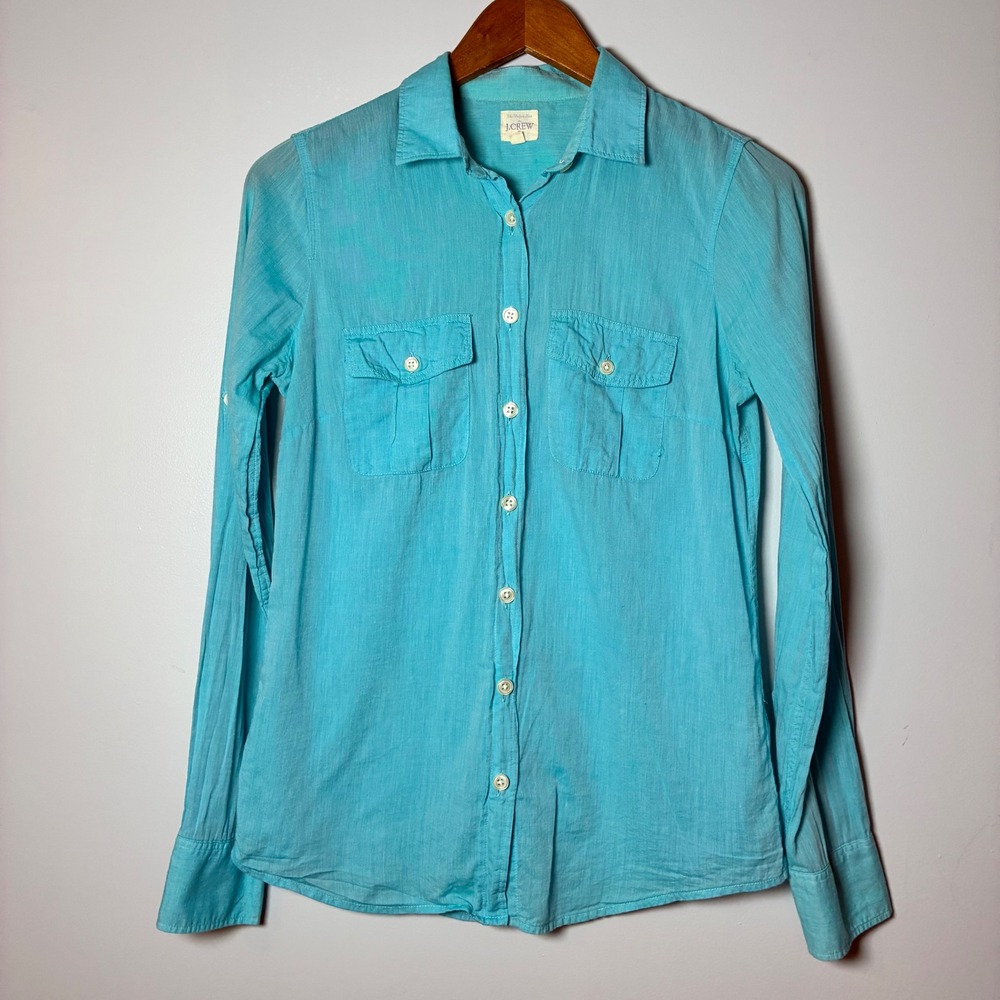 J.Crew Button Down XS Turquoise The Perfect Shirt Roll Tab Sleeve Coastal Preppy